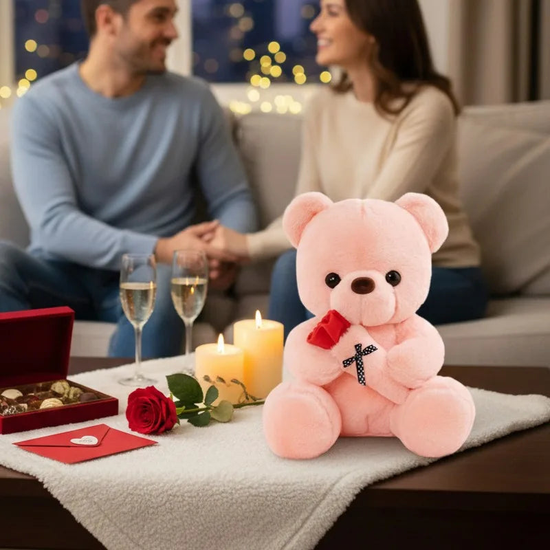 A cute bear plush with a rose bouquet