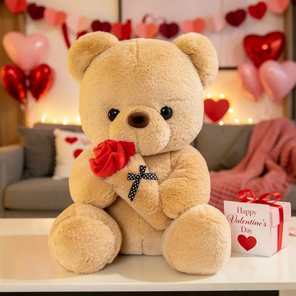 A cute bear plush with a rose bouquet