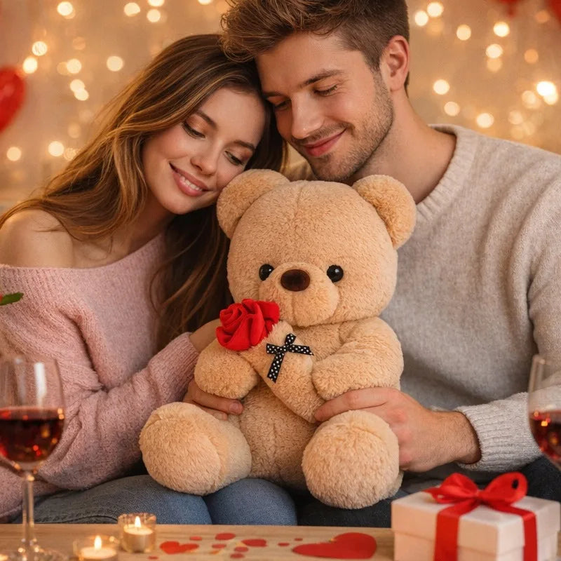 A cute bear plush with a rose bouquet