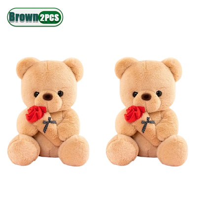 A cute bear plush with a rose bouquet