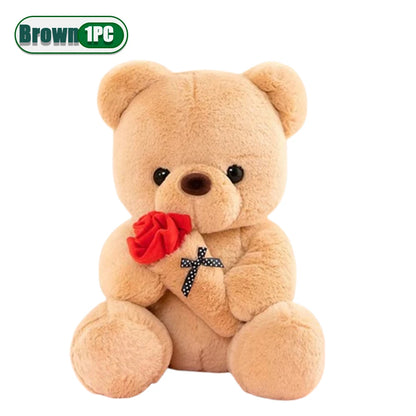 A cute bear plush with a rose bouquet