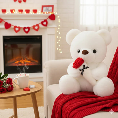 A cute bear plush with a rose bouquet