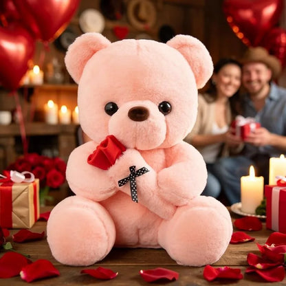 A cute bear plush with a rose bouquet