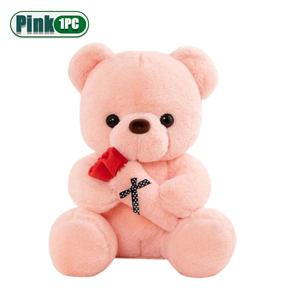 A cute bear plush with a rose bouquet
