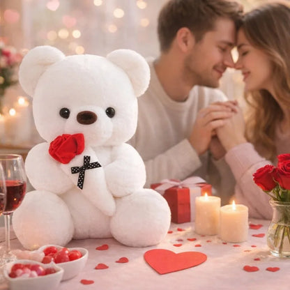 A cute bear plush with a rose bouquet