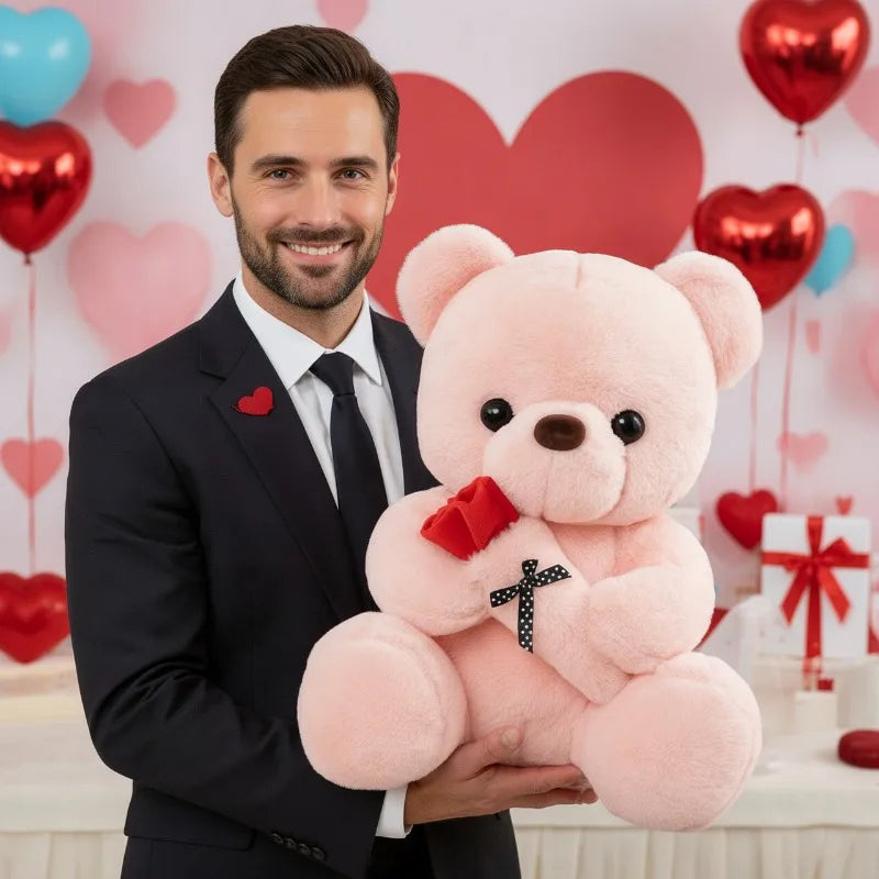 A cute bear plush with a rose bouquet