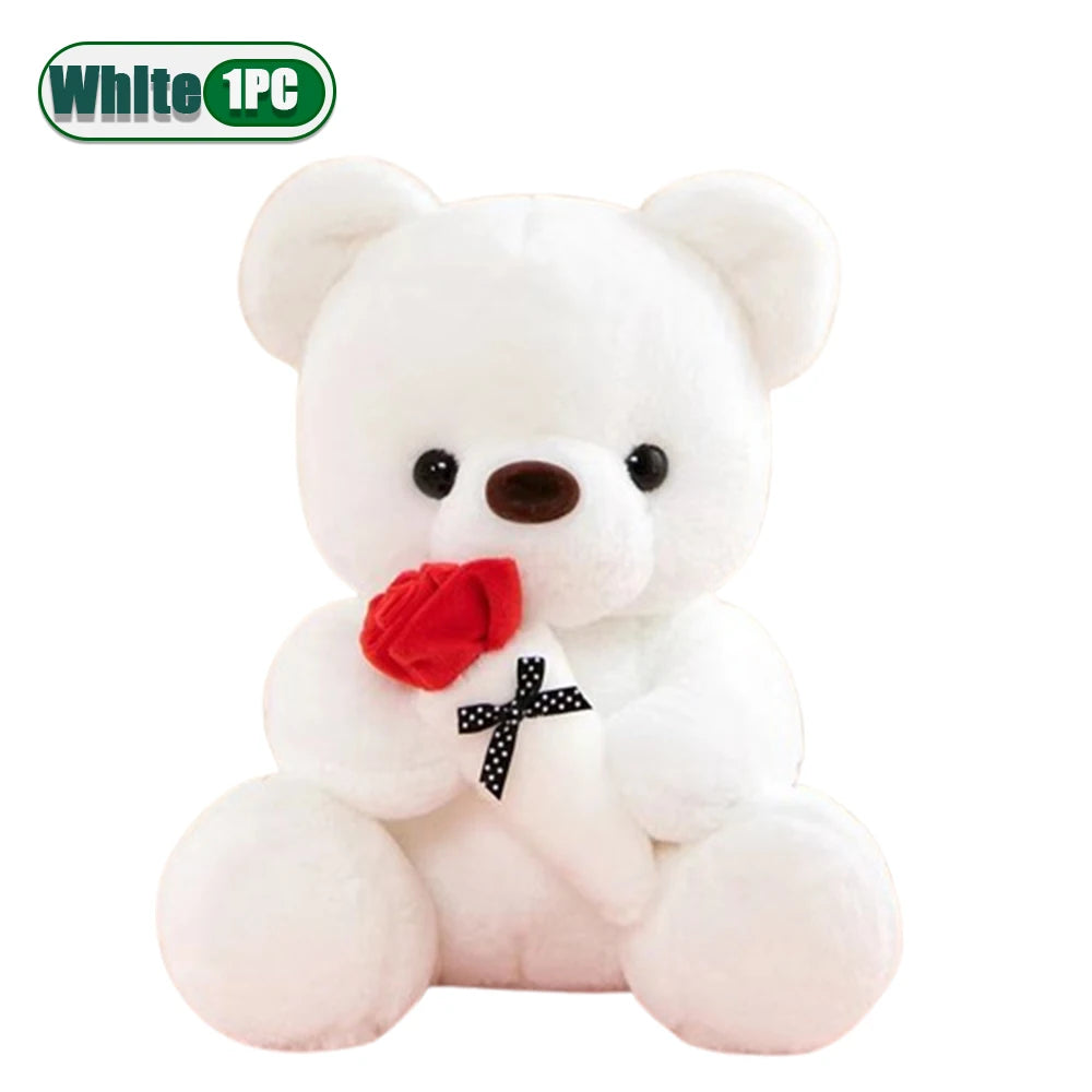 A cute bear plush with a rose bouquet